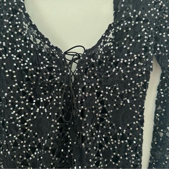 For Love & Lemons Clara Mini Dress Lace Front Black Sequin Dress Size Small - Picture 6 of 9